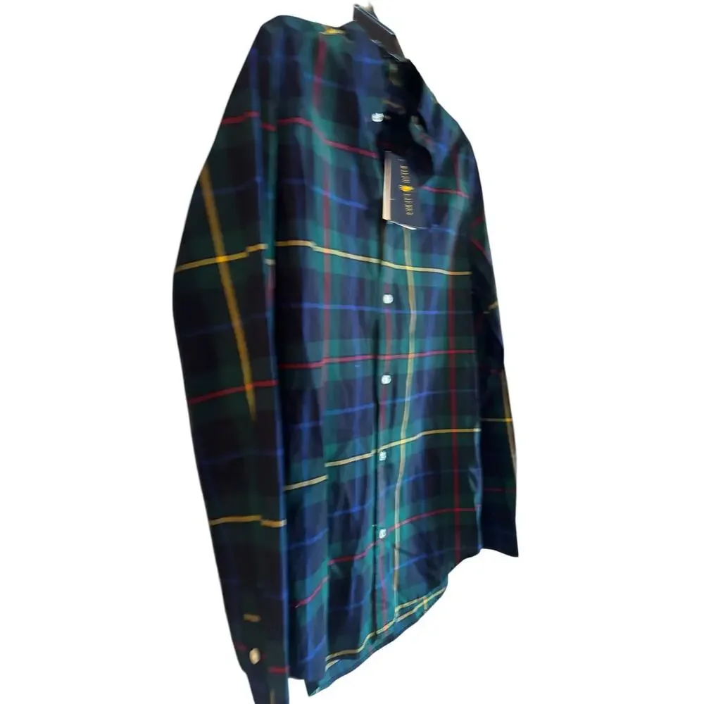 Ralph Lauren Boy Shirt Tartan Plaid Holiday Green Navy Natural Stretch XL 18-20